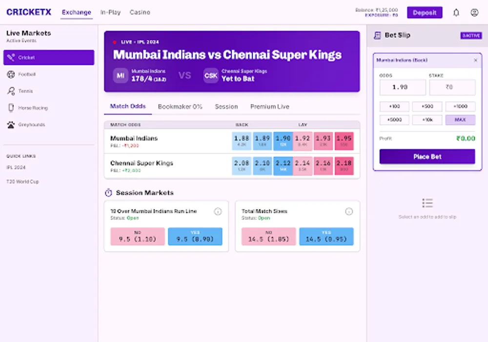 A mobile cricket exchange screen showing several betting markets such as match odds and total runs in a simple list